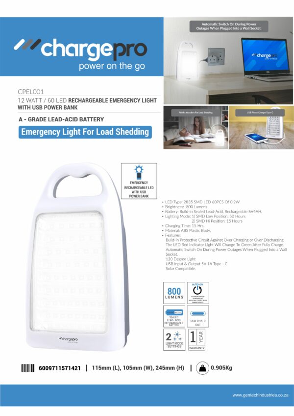 12 WATT / 60 LED RECHARGEABLE EMERGENCY LIGHT  WITH USB POWER BANK - Image 2