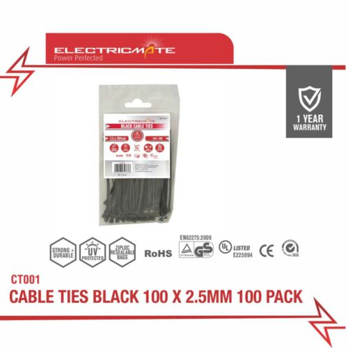 ELECTRICMATE CABLE TIES BLACK 100 X 2.5MM 100 PACK