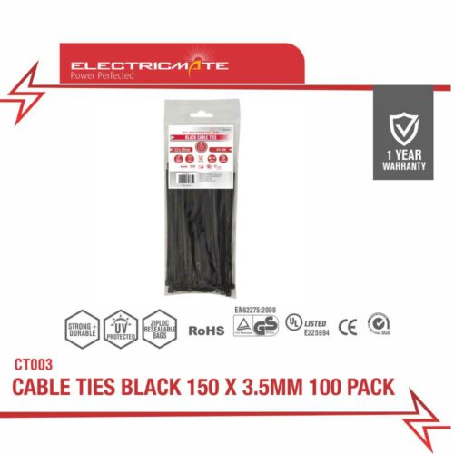 ELECTRICMATE CABLE TIES BLACK 150 X 3.5MM 100 PACK