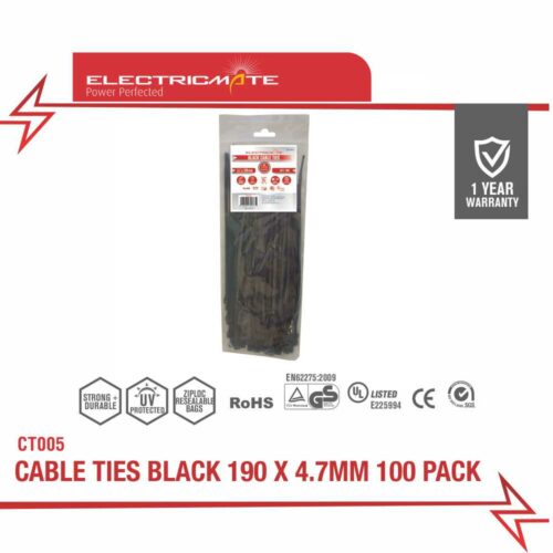 ELECTRICMATE CABLE TIES BLACK 200 x 4.8MM 100 PACK
