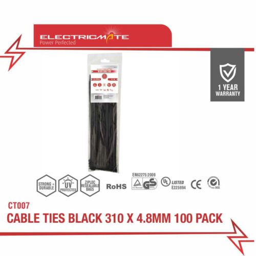 ELECTRICMATE CABLE TIES BLACK 300 x 4.8MM 100 PACK