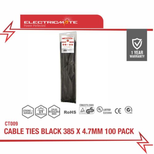 ELECTRICMATE CABLE TIES BLACK 400 x 4.8MM 100 PACK