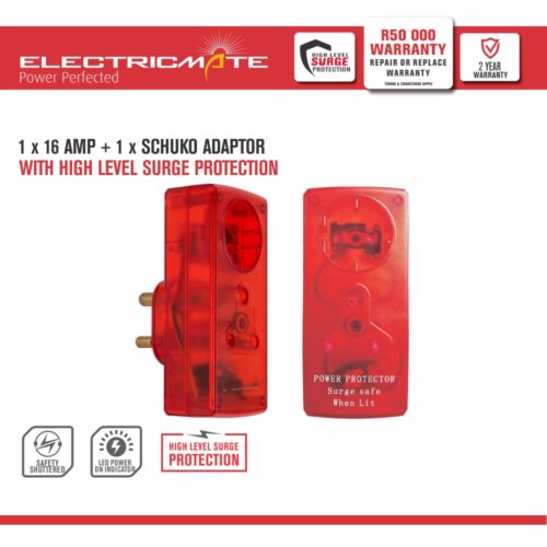 ELECTRICMATE 1 X 16AMP + 1 X SCHUKO HIGH LEVEL SURGE PROTECTED ADAPTOR