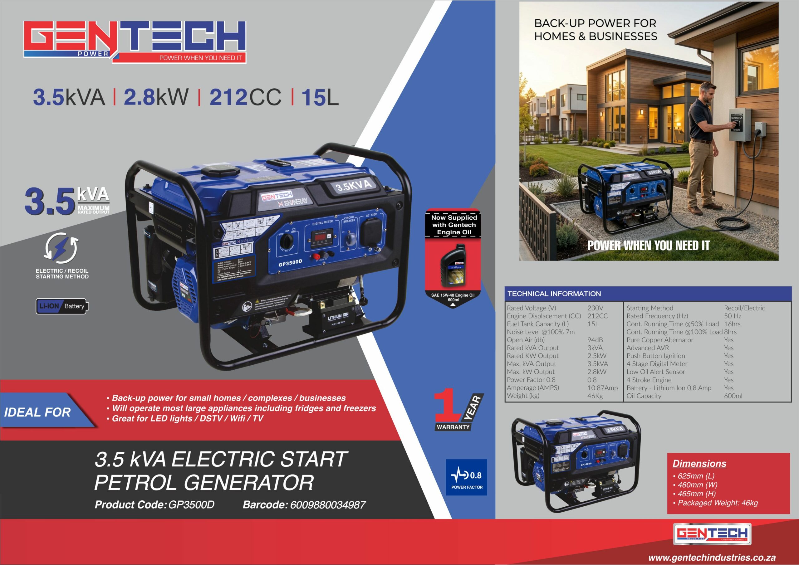 GENTECH POWER 3.5KVA I 2.8 KW ELECTRIC START PETROL GENERATOR - Image 5