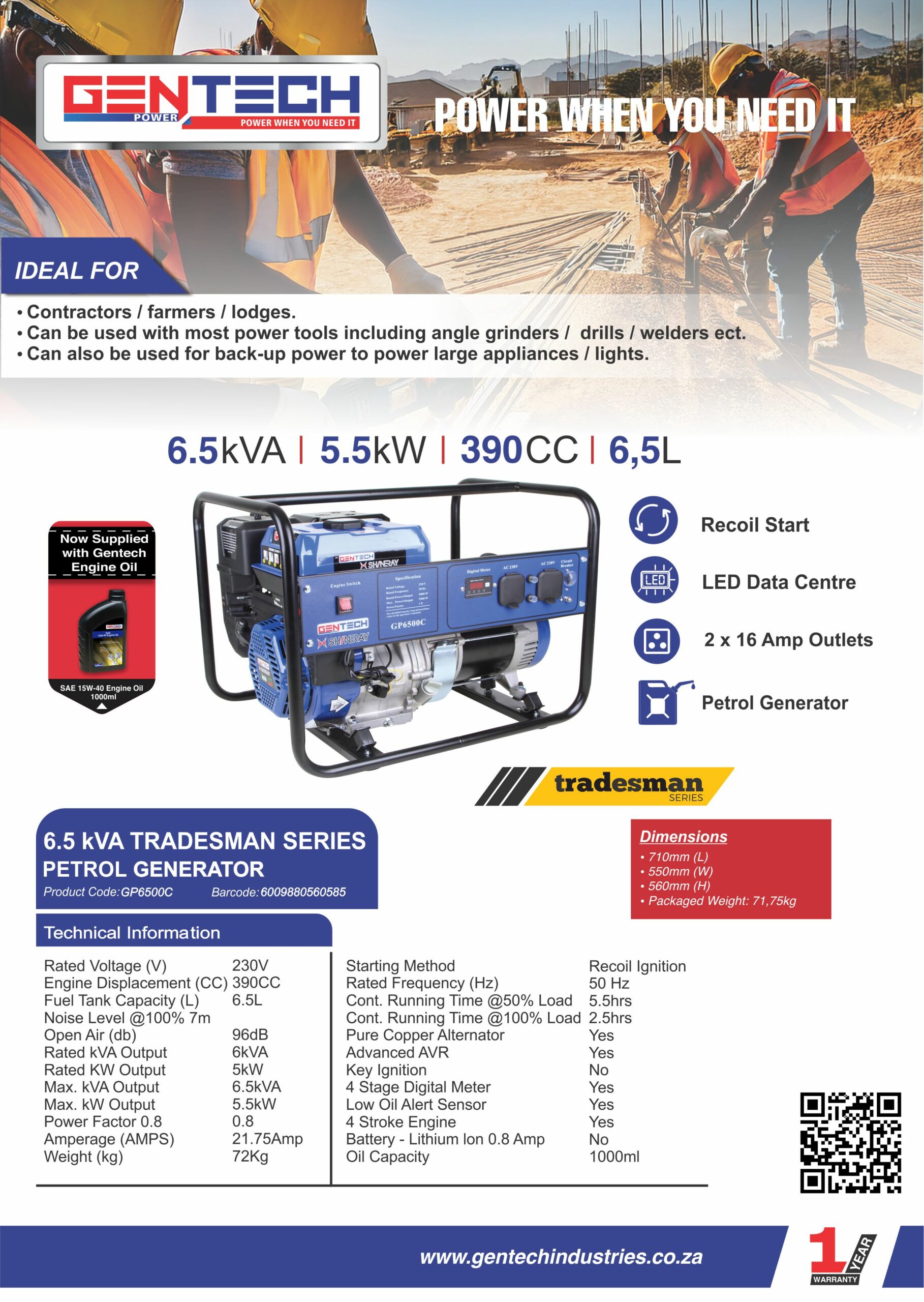 GENTECH POWER 6.5 kVA TRADESMAN SERIES PETROL GENERATOR - Image 5