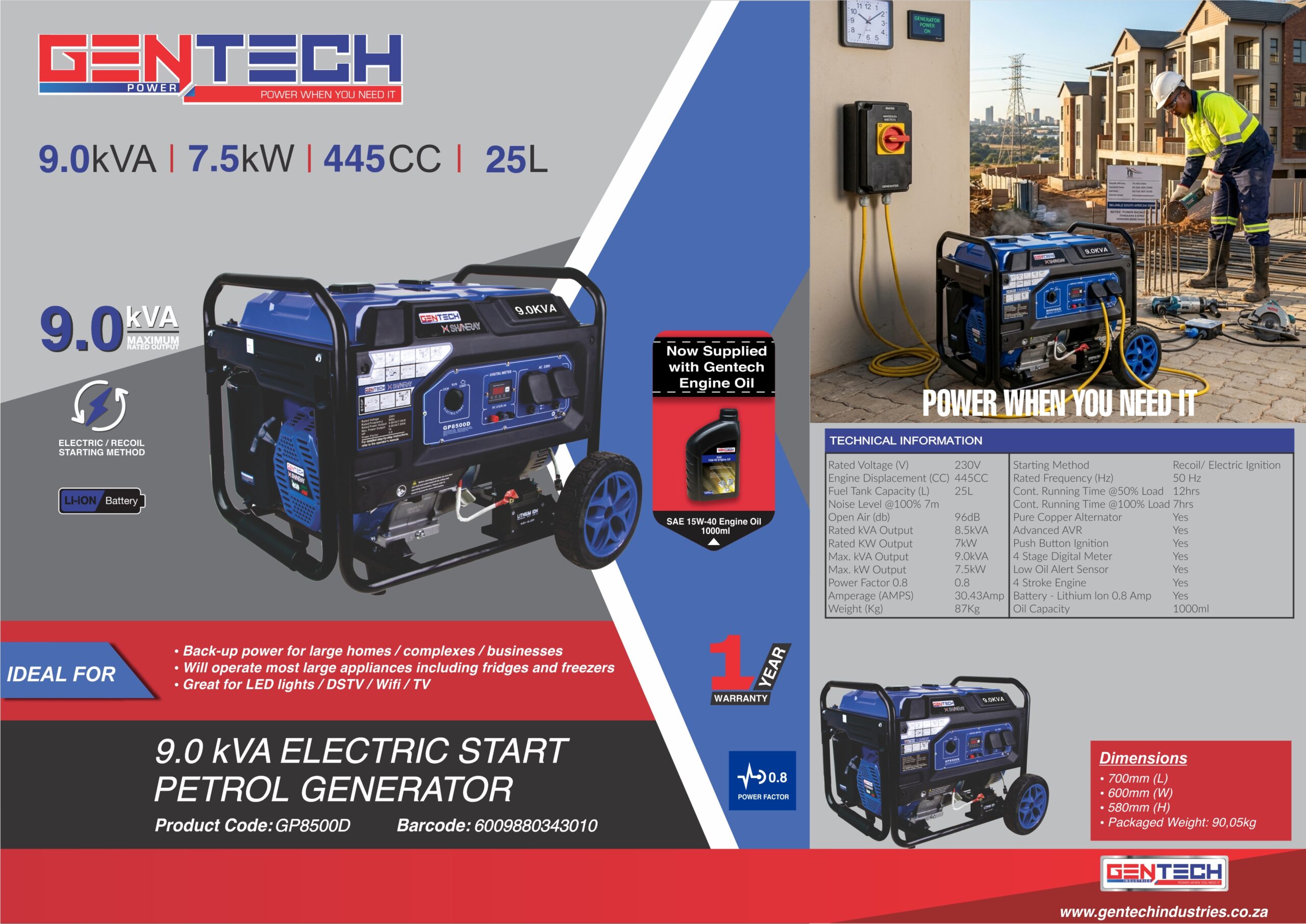 GENTECH POWER 9 kVA ELECTRIC START PETROL GENERATOR - Image 5