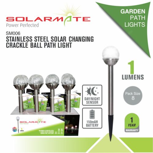 SOLARMATE STAINLESS STEEL SOLAR COLOUR CHANGING CRACKLE BALL PATH LIGHT