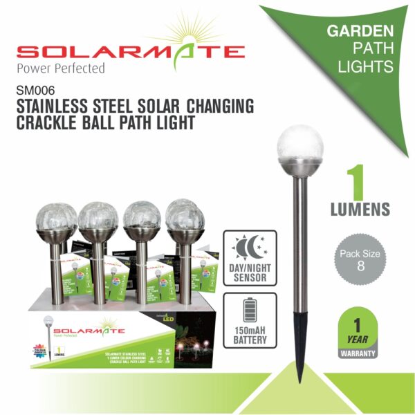 SOLARMATE STAINLESS STEEL SOLAR COLOUR CHANGING CRACKLE BALL PATH LIGHT