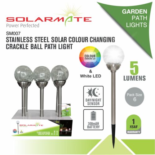 SOLARMATE STAINLESS STEEL SOLAR COLOUR CHANGING CRACKLE BALL PATH LIGHT