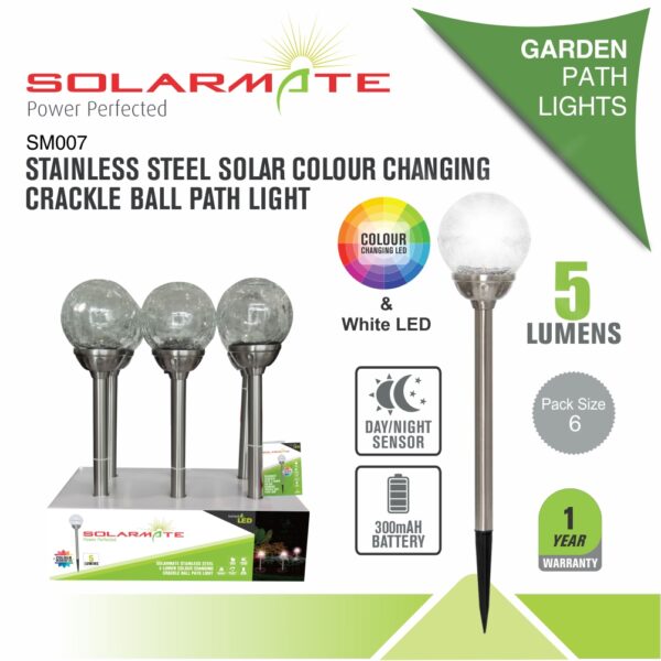 SOLARMATE STAINLESS STEEL SOLAR COLOUR CHANGING CRACKLE BALL PATH LIGHT