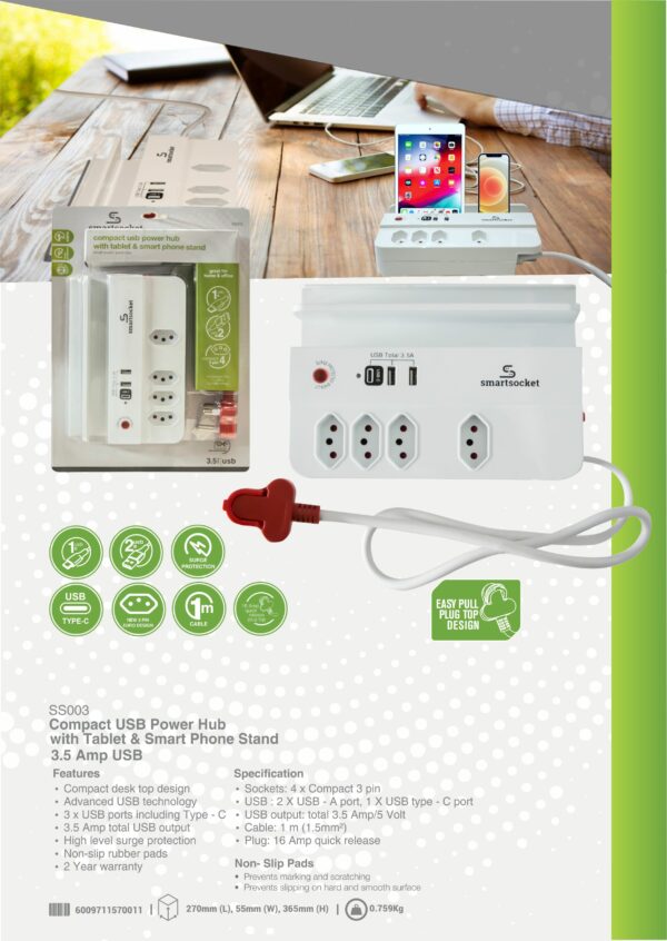 SMARTSOCKET COMPACT USB POWER HUB WITH TABLET & SMART PHONE STAND 3.5 AMP USB - Image 2