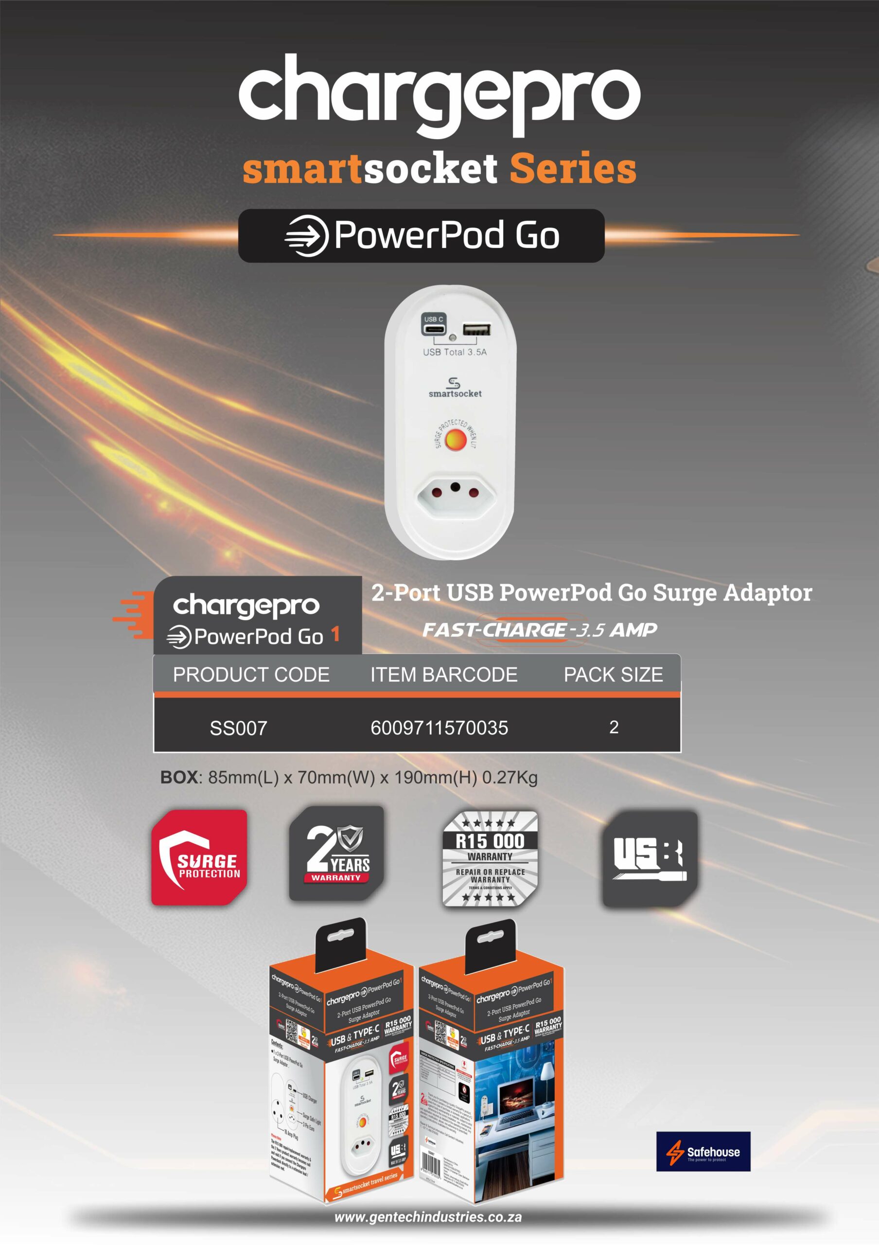 CHARGEPRO SMARTSOCKET SERIES CHARGEPRO POWERPOD GO1 2-PORT USB POWERPOD GO SURGE ADAPTOR - Image 2