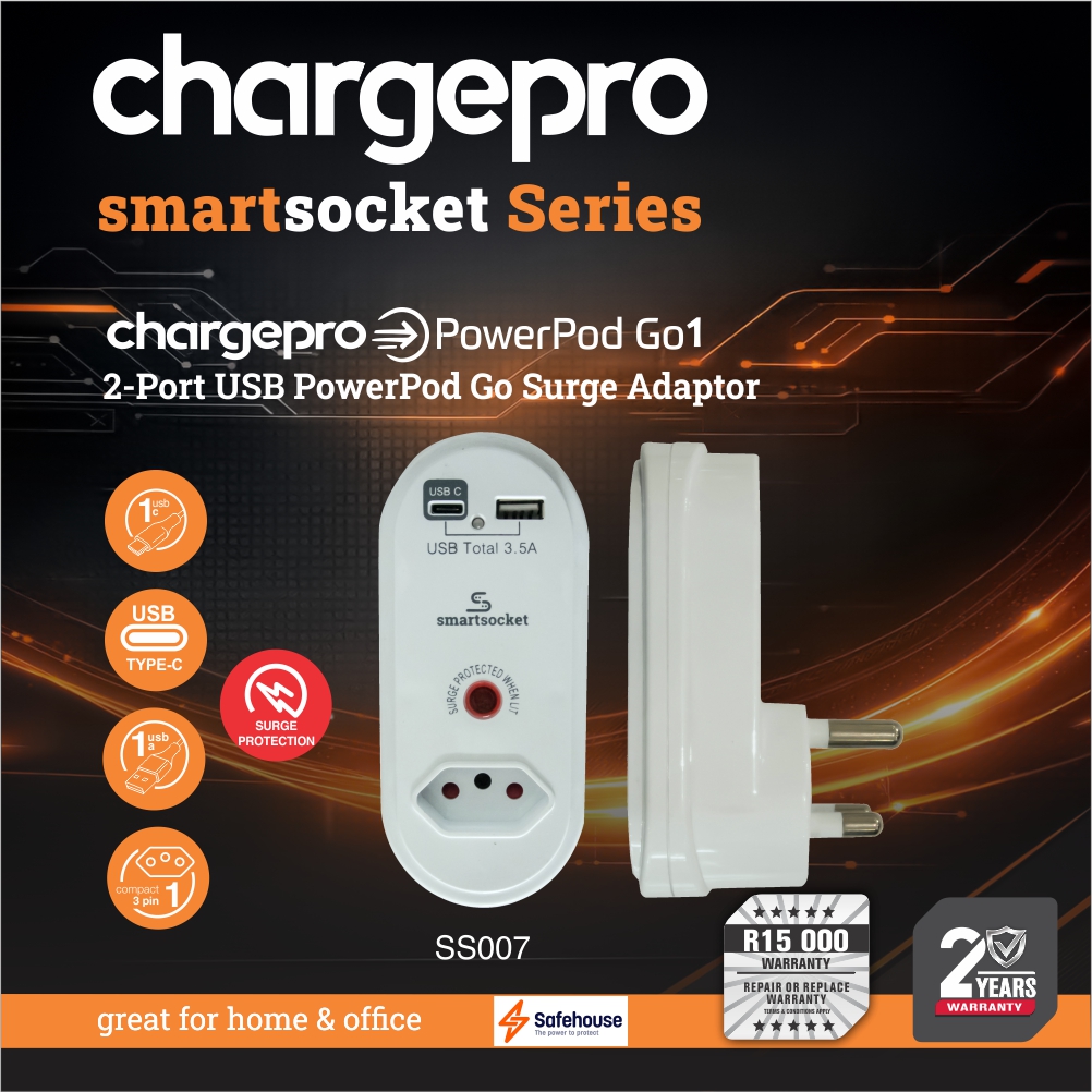 CHARGEPRO SMARTSOCKET SERIES CHARGEPRO POWERPOD GO1 2-PORT USB POWERPOD GO SURGE ADAPTOR