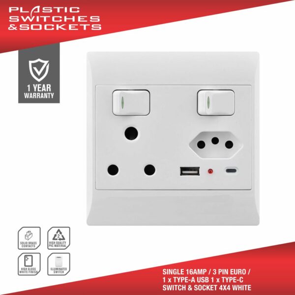 ELECTRICMATE DOUBLE LEVER SWITCH PVC 16 AMP + EURO + 2.1 AMP TYPE-C & TYPE-A USB 4x4  WHITE