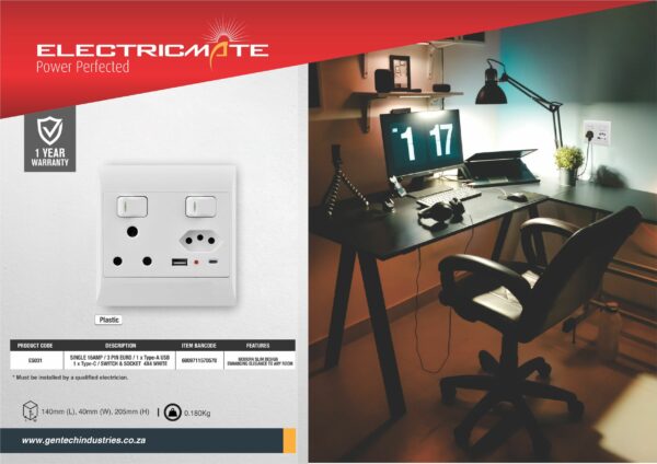 ELECTRICMATE DOUBLE LEVER SWITCH PVC 16 AMP + EURO + 2.1 AMP TYPE-C & TYPE-A USB 4x4  WHITE - Image 2