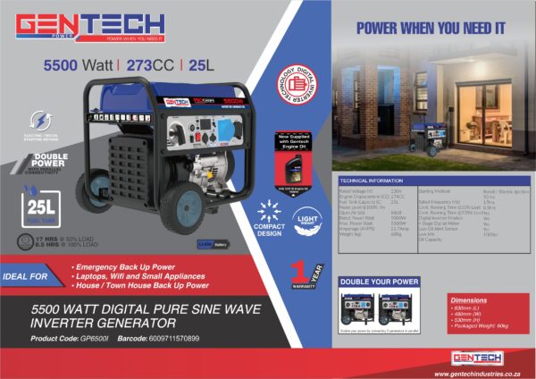 GENTECH POWER 5500 WATT DIGITAL PURE SINE WAVE INVERTER GENERATOR - Image 3