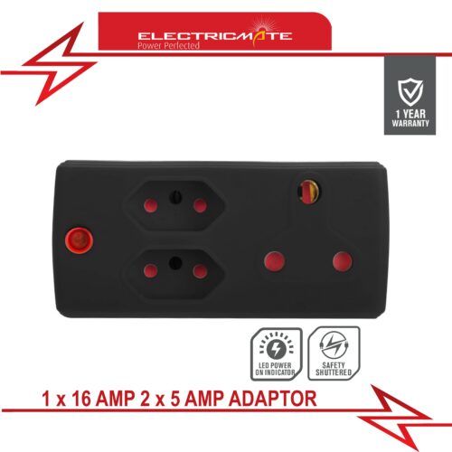 ELECTRICMATE BLACK 1 X 16AMP + 2 X 5AMP ADAPTOR