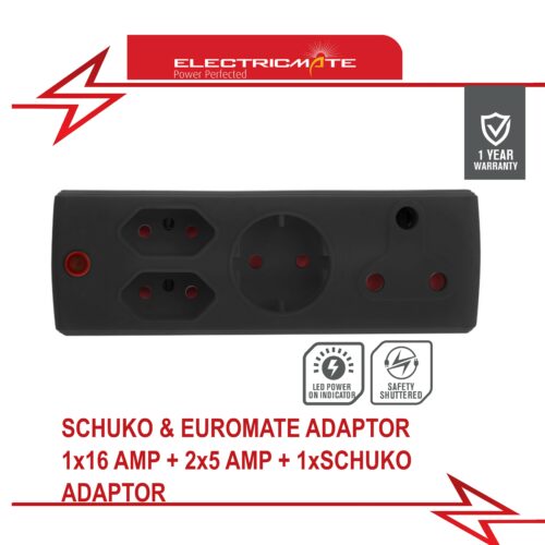 ELECTRICMATE BLACK 1 X 16AMP + 2 X 5AMP + 1 X SCHUKO ADAPTOR