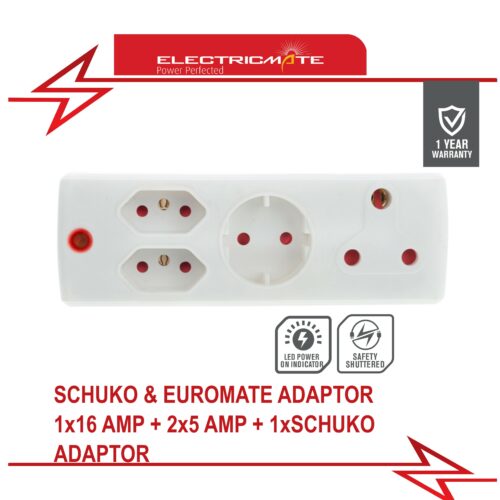 ELECTRICMATE WHITE 1 X 16AMP + 2 X 5AMP + 1 X SCHUKO ADAPTOR
