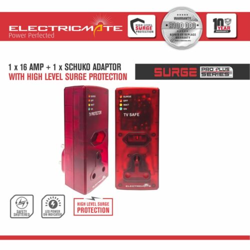 ELECTRICMATE TV SAFE PROTECTOR 1X16AMP + 1X3PIN EURO SOCKET WITH HIGH LEVEL SURGE PROTECTION