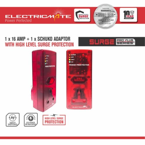 ELECTRICMATE FRIDGE SAFE PROTECTOR 1X16AMP + 1X3 PIN EURO SOCKET WITH HIGH LEVEL SURGE PROTECTION