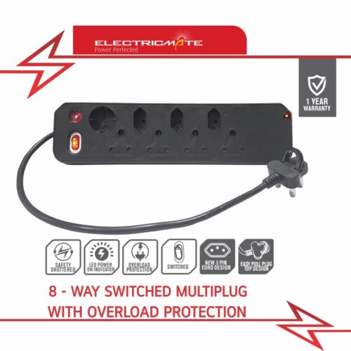 ELECTRICMATE 8-WAY MULTIPLUG BLACK WITH OVERLOAD PROTECTION
