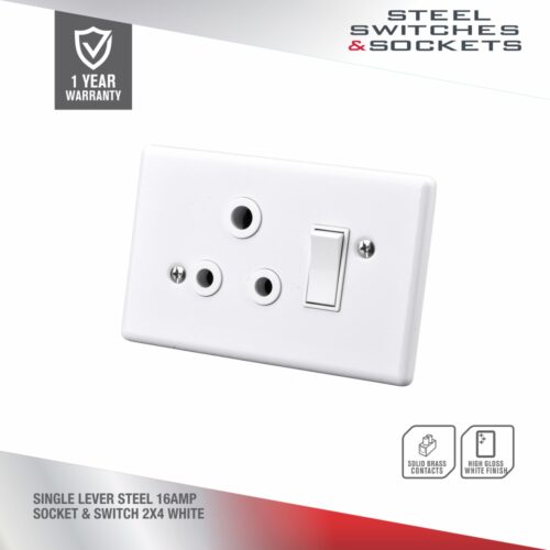 ELECTRICMATE SINGLE LEVER STEEL 16AMP SOCKET & SWITCH 2X4 WHITE