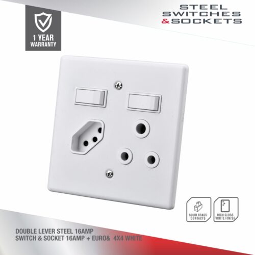 ELECTRICMATE DOUBLE LEVER STEEL SWITCH & SOCKET 16 AMP + EURO 4 X 4 WHITE