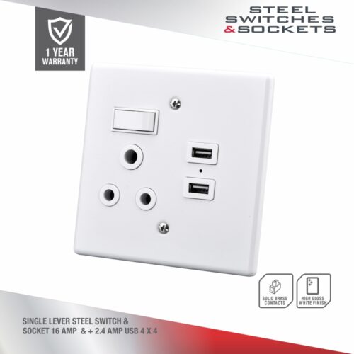 ELECTRICMATE  SINGLE LEVER STEEL SWITCH & SOCKET 16 AMP & + 2.4 AMP USB 4 X 4 WHITE