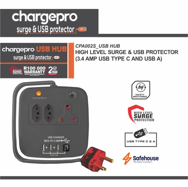 CHARGEPRO USB HUB - HIGH LEVEL SURGE & USB PROTECTOR (5 AMP TYPE C & USB A)