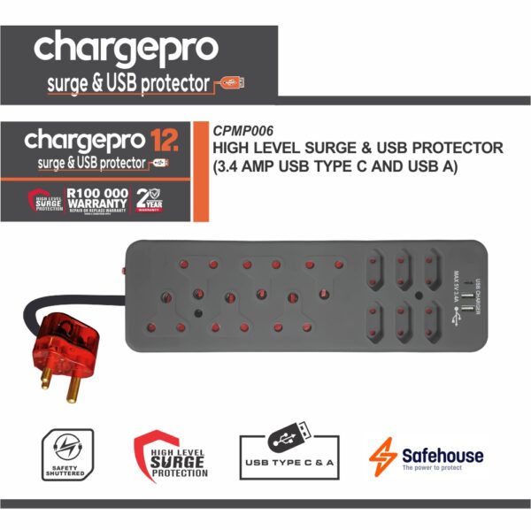 CHARGEPRO 12 - HIGH LEVEL SURGE & USB PROTECTOR (3.4 AMP USB TYPE C AND USB A)