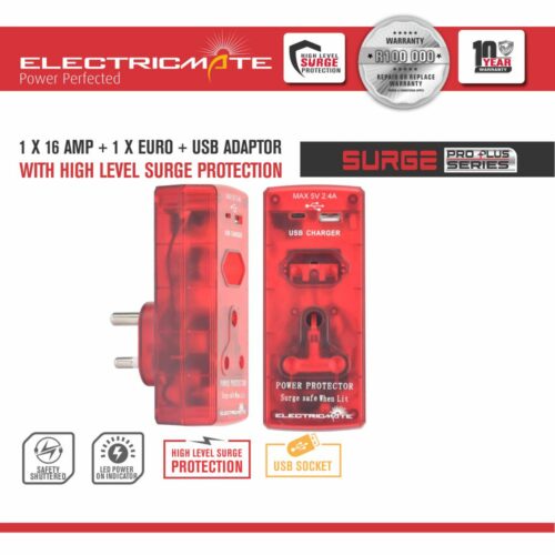 ELECTRICMATE HIGH LEVEL SURGE ADAPTER 1 X 16AMP + 1 X EURO + USB (TYPE C & A)  SOCKET WITH HIGH LEVEL SURGE PROTECTION