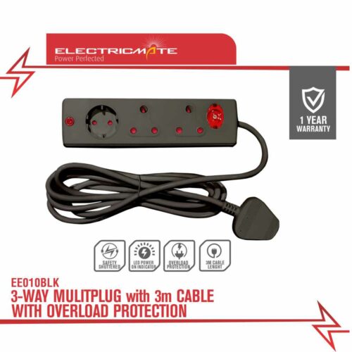 ELECTRICMATE 3-WAY MULTIPLUG WITH 3M CABLE WITH OVERLOAD PROTECTION BLACK