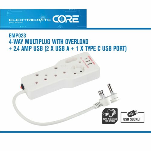 ELECTRICMATE CORE 4-WAY MULTIPLUG WITH OVERLOAD + 2.4 AMP USB (2 X USB A + 1 X TYPE C USB PORT)