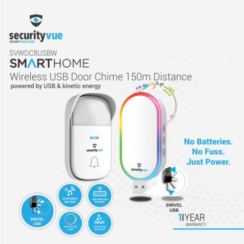 WIRELESS USB DOOR CHIME 150M DISTANCE POWERED BY USB & KINETIC ENERGY WHITE