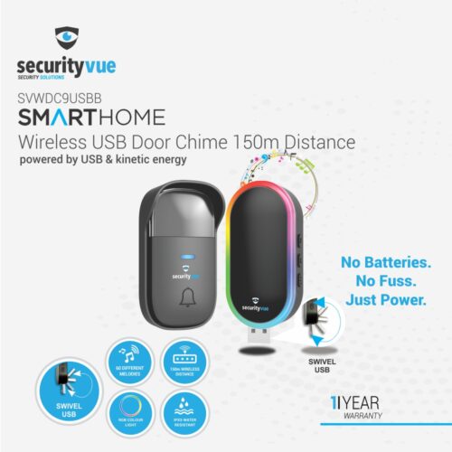 WIRELESS USB DOOR CHIME 150M DISTANCE POWERED BY USB & KINETIC ENERGY BLACK