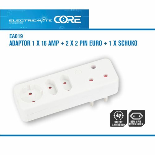 ELECTRICMATE CORE ADAPTOR 1 X 16 AMP + 2 X 2 PIN EURO + 1 X SCHUKO