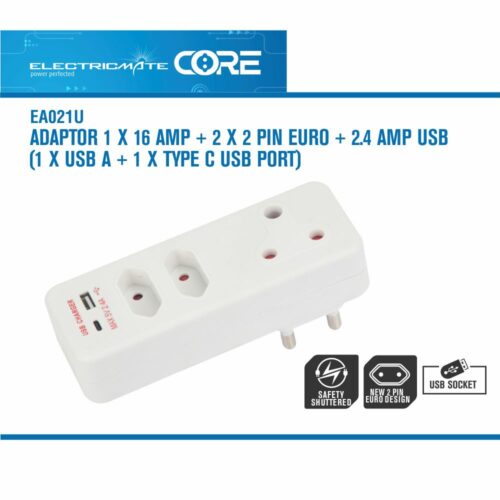 ELECTRICMATE CORE ADAPTOR 1 X 16 AMP + 2 X 2 PIN EURO + 2.4 AMP USB (1 X USB A + 1 X TYPE C USB PORT)
