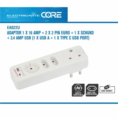 Electricmate Core Adaptor 1 X 16 AMP + 2 X 2 PIN EURO + 1 X SCHUKO + 2.4 AMP USB (1 X USB A + 1 X Type C USB Port)