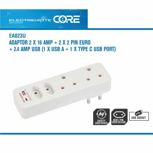 Electricmate Core Adaptor 2 X 16 AMP + 2 X 2 PIN EURO + 2.4 AMP USB (1 X USB A + 1 X TYPE C USB PORT)