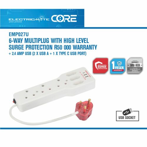 ELECTRICMATE CORE 6-WAY MULTIPLUG WITH HIGH LEVEL SURGE PROTECTION R50 000 WARRANTY + 2.4 AMP USB (2 X USB A + 1 X TYPE C USB PORT)