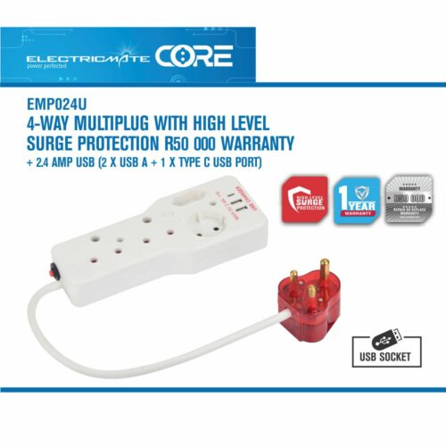 ELECTRICMATE CORE 4-WAY MULTIPLUG WITH HIGH LEVEL SURGE PROTECTION R50 000 WARRANTY + 2.4 AMP USB (2 X USB A + 1 X TYPE C USB PORT)