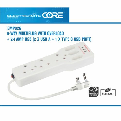 ELECTRICMATE CORE 6-WAY MULTIPLUG WITH OVERLOAD + 2.4 AMP USB (2 X USB A + 1 X TYPE C USB PORT)