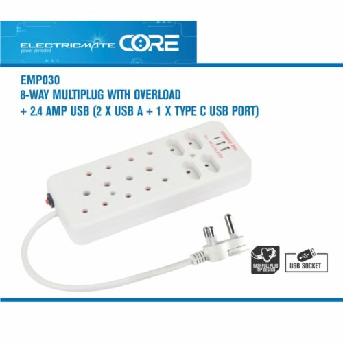 ELECTRICMATE CORE 8-WAY MULTIPLUG WITH OVERLOAD + 2.4 AMP USB (2 X USB A + 1 X TYPE C USB PORT)