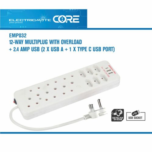 ELECTRICMATE CORE 12-WAY MULTIPLUG WITH OVERLOAD + 2.4 AMP USB (2 X USB A + 1 X TYPE C USB PORT)