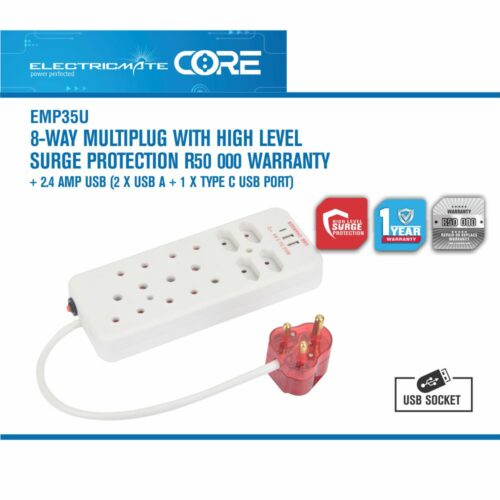 ELECTRICMATE CORE 8-WAY MULTIPLUG WITH HIGH LEVEL SURGE PROTECTION R50 000 WARRANTY + 2.4 AMP USB (2 X USB A + 1 X TYPE C USB PORT)