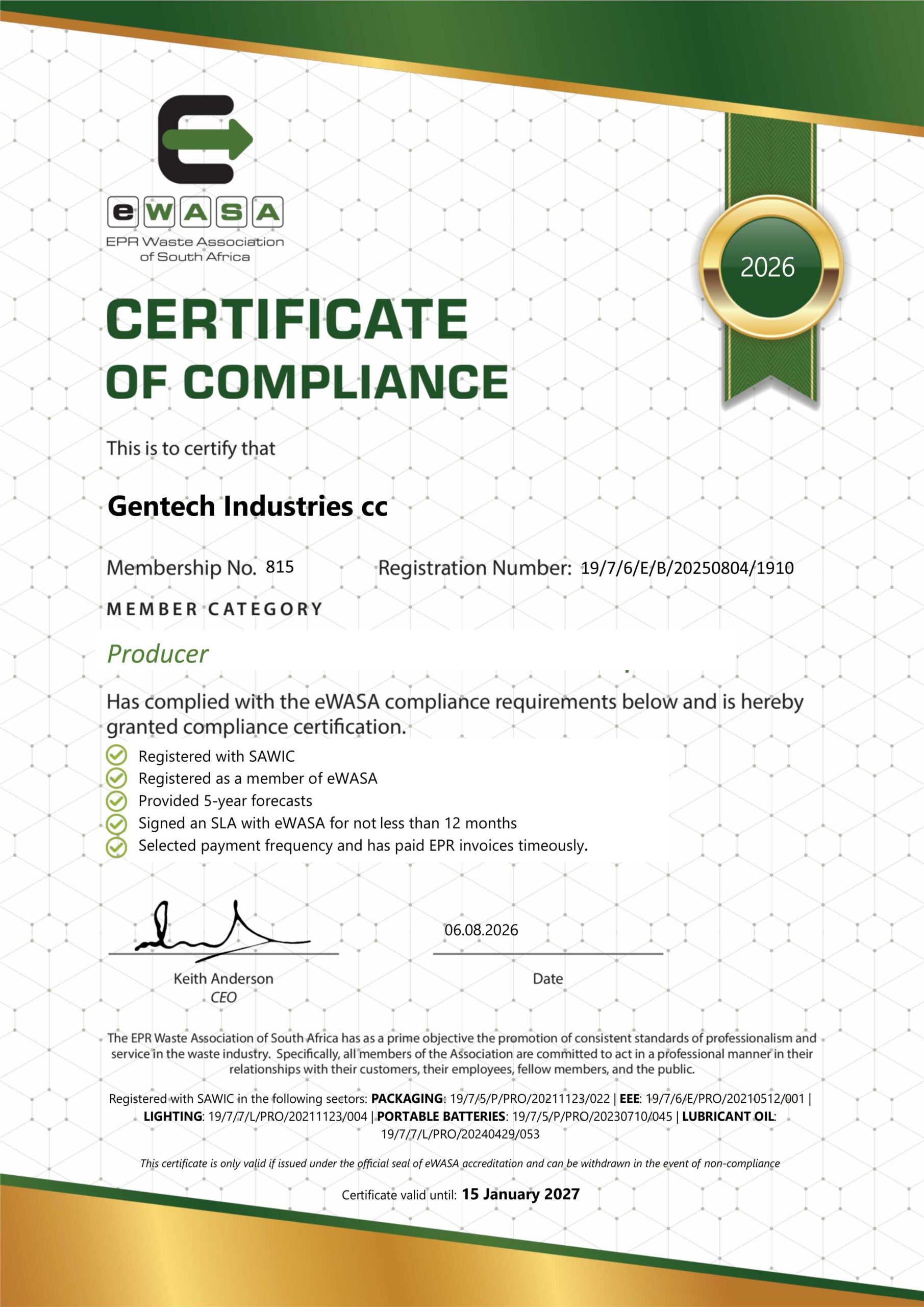 eWASA certificate of compliance_Gentech Industries cc