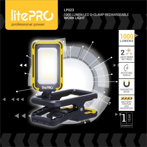 LITEPRO 1000 LUMEN LED G-CLAMP RECHARGEABLE WORK LIGHT