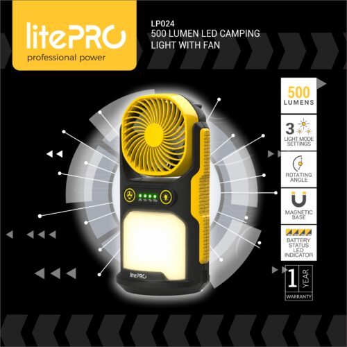 LITEPRO 500 LUMEN LED CAMPING LIGHT WITH FAN